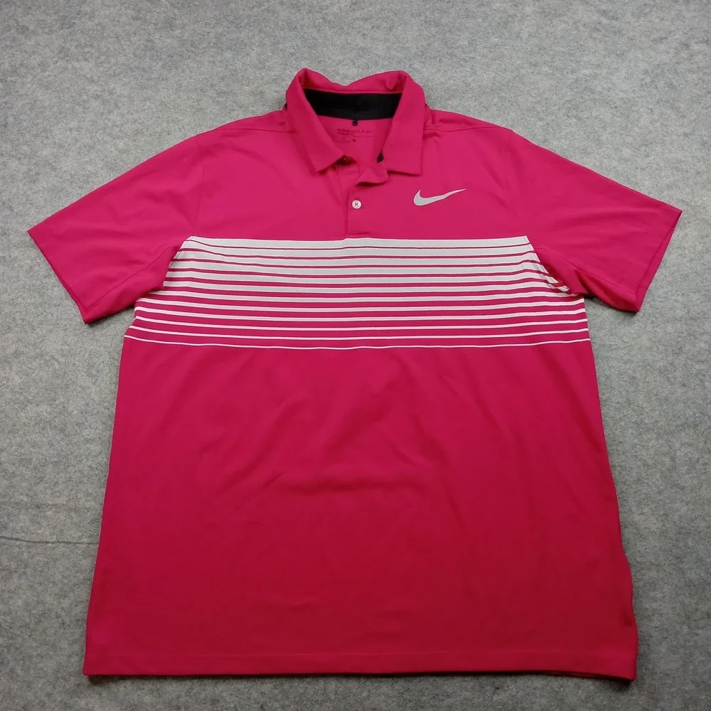 Nike Golf Polo Shirt Mens Large Pink Dri Fit Striped Standard Fit Performance